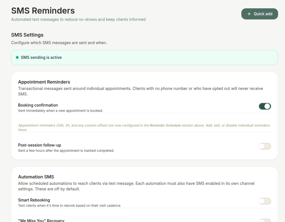 Kneadly SMS Reminders settings showing booking confirmations, post-session follow-ups, and automated reminder toggles.